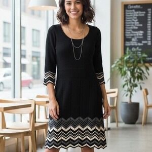 Vintage Stewart & Brown Small $328‎ Black Chevron 100% Merino Wool Sweater Dress
